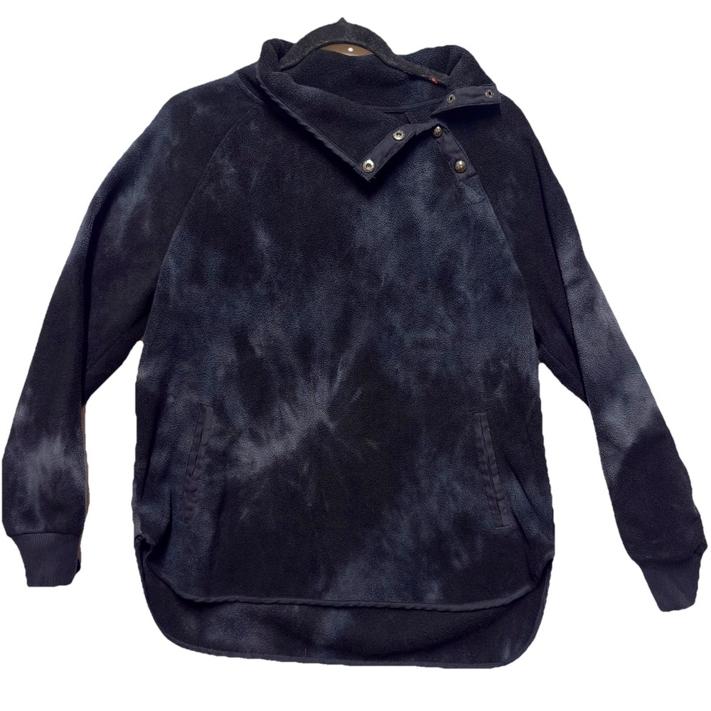 Fleece Pullover Women M Black Tie Dye Top Funnel Mock Neck Cozy Grunge Boho Chic